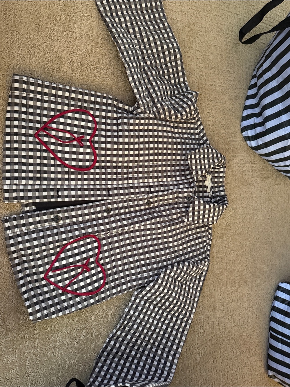 Anthropologie Black & White Gingham Jacket with Red Heart Appliqués
